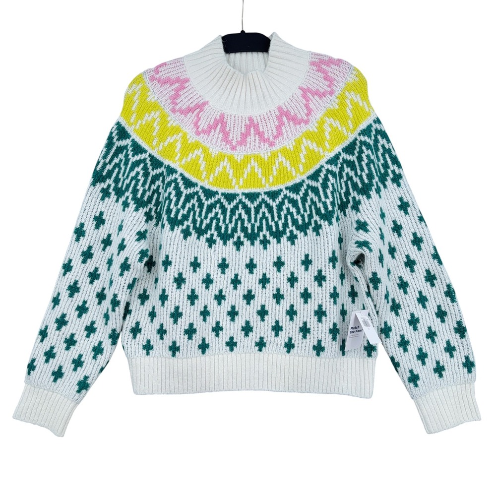 Old Navy Fair Isle Mock Neck Sweater Womens M Recycled White Green Yellow Pink
